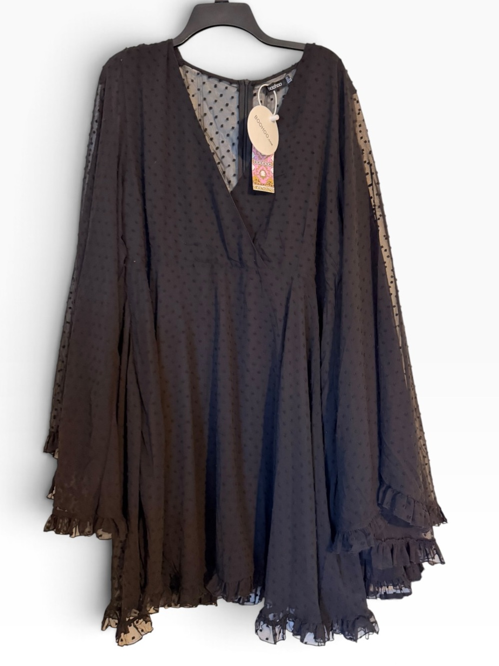 Boohoo Plus Size 22 Black Dobby Chiffon Bell Sleeve Mini Dress Whimsigoth NWT